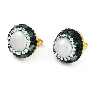 Rack Plating Flat Round Brass With Rhinestone & Natural Pearl Handmade Indonesia Stud Earrings EJEW-U010-02A-G-1