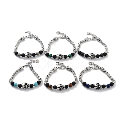Halloween Skull Natural & Synthetic Mixed Gemstone Beaded Bracelets with 201 Stainless Steel Lobster Claw Clasps BJEW-Q334-13-1