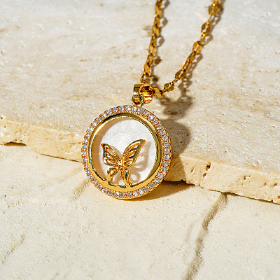 Brass Clear Cubic Zirconia Flat Round Butterfly Pendant Dapped Chain Necklaces for Women LS-WA9125-1