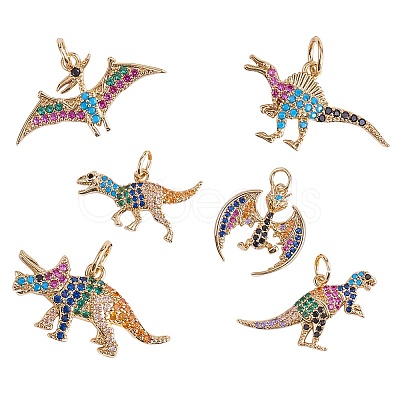 6Pcs 6 Style Rack Plating Brass Micro Pave Colorful Cubic Zirconia Pendants ZIRC-SZ0004-85-1