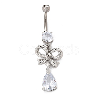 Alloy Crystal Rhinestone Dangle Curved Barbell Belly Rings AJEW-R007-04P-05-1