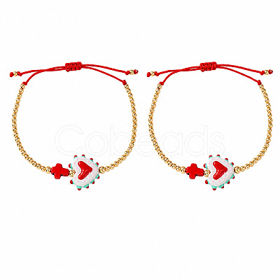 2Pcs 2 Colors Dyed Synthetic Turquoise Cross and Glass Heart Braided Bead Bracelets for Women PE0777-6-1