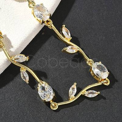Brass Micro Pave Cubic Zirconia Oval & Leaf Link Chain Bracelets for Women BJEW-G764-05G-02-1