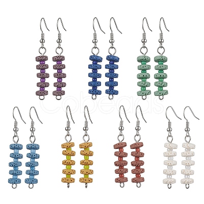 7 Pairs 7 Colors Natural Dyed Lava Rock Disc Beaded Dangle Earrings EJEW-JE05618-1