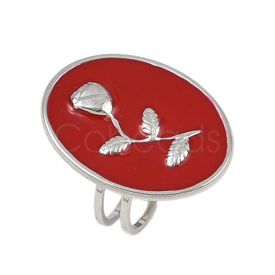 Oval with Rose Pattern 304 Stainless Steel Enamel Finger Rings for Women RJEW-G355-10P-02-1