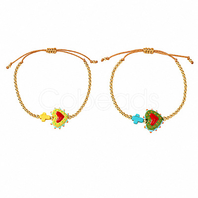 2Pcs 2 Colors Dyed Synthetic Turquoise Cross and Glass Heart Braided Bead Bracelets for Women PE0777-15-1
