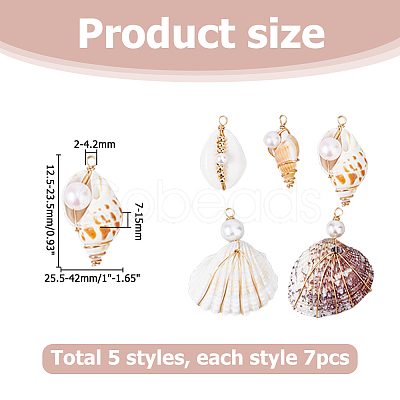 35Pcs 5 Styles Natural Mixed Shell Copper Wire Wrapped Pendants PALLOY-HS00027-1
