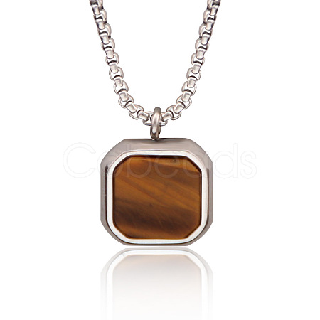 304 Stainless Steel Pave Natural Tiger Eye Square Pendant Necklaces FS-WG8D101-02-1