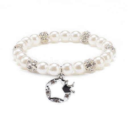 ABS Plastic Imitation Pearl  & Rhinestone Beaded Stretch Bracelet with Alloy Charm for Women BJEW-JB08526-01-1