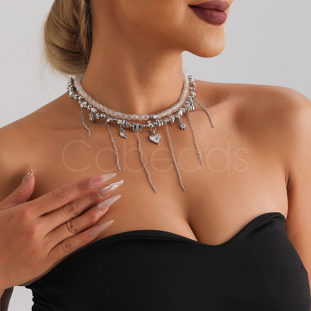 Alloy Pave Clear Cubic Zirconia and Glass Heart Star Moon Tassel 2-Strand Choker Necklaces for Women WGB35B4-01-1
