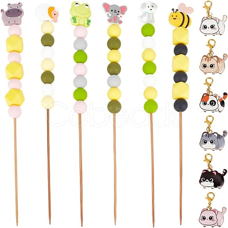 6Pcs Beadable Bamboo Knitting Needle & 6Pcs Cat Alloy Enamel Stitch Marker Kits DIY-DR00013-1