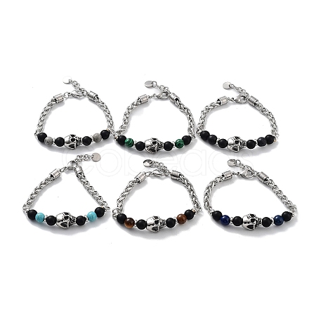 Halloween Skull Natural & Synthetic Mixed Gemstone Beaded Bracelets with 201 Stainless Steel Lobster Claw Clasps BJEW-Q334-13-1
