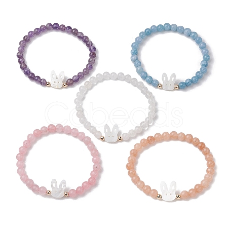 Cute Rabbit Shell & Natural Mixed Gemstone Beaded Stretch Bracelets for Women BJEW-JB11040-1