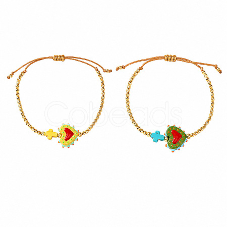 2Pcs 2 Colors Dyed Synthetic Turquoise Cross and Glass Heart Braided Bead Bracelets for Women PE0777-15-1