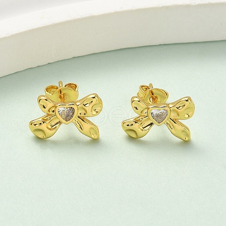 Brass Micro Pave Clear Cubic Zirconia Bowknot Stud Earrings EJEW-A145-02B-G-1