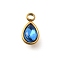 304 Stainless Steel Pendants, with Rhinestone, Real 18K Gold Plated, Ion Plating(IP), Teardrop, Light Sapphire, 10.5x5.5x0.5mm, Hole: 1.8mm