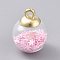 Glass Ball Pendants, with Star Glitter Sequins and Golden Plated CCB Plastic Cup Peg Bails, Round, Pink, 20.5x15mm, Hole: 2.5mm