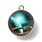 Galaxy Theme Luminous Glass Ball Pendants, Glow in the Dark, with Platinum Tone Alloy Edge, Cyan, 25x21.5x20~21mm, Hole: 2mm