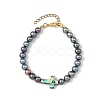 Dyed Natural Cultured Freshwater Pearl Round Beaded Bracelets with Religion Cross Natural Paua Shell for Women BJEW-JB14274-3