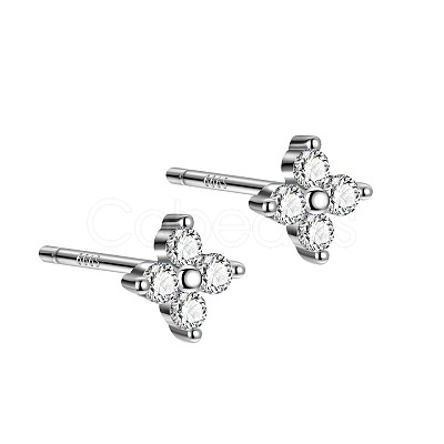Rhodium Plated Clover 999 Fine Silver Cubic Zirconia Stud Earrings for Women EJEW-S215-16P-1