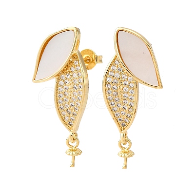 Brass Micro Pave Cubic Zirconia Shell Stud Earrings Findings KK-D363-09G-1