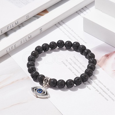 Natural Lava Rock Round Beaded Stretch Bracelet BJEW-JB08221-1