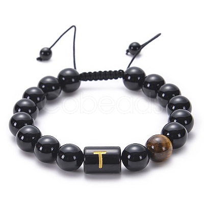 10MM Natural Black Onyx(Dyed & Heated) and Tiger Eye Alphabet Round Braided Bead Adjustable Bracelets for Women DM6424-20-1