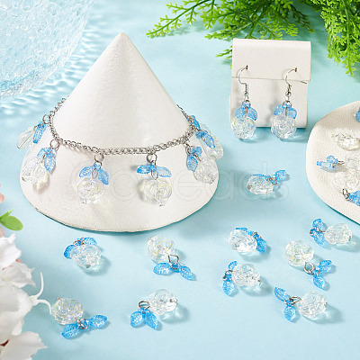 30Pcs Transparent Glass Flower Pendants with Deep Sky Blue Acrylic Leaf PALLOY-TAC0241-1