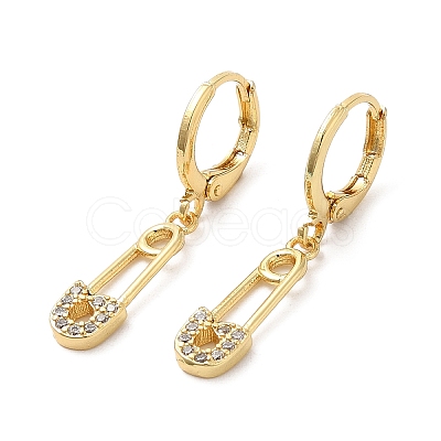 Rack Plating Brass Safety Pin Dangle Leverback Earrings with Cubic Zirconia EJEW-D061-03G-1