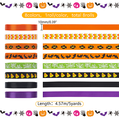8Rolls 8 Colors Halloween Polyester Printed Grosgrain Ribbon OCOR-PH0004-26-1