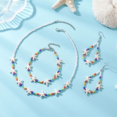 Starfish Synthetic Turquoise & Glass Beaded Bracelets & Earrings & Necklaces SJEW-JS01369-1
