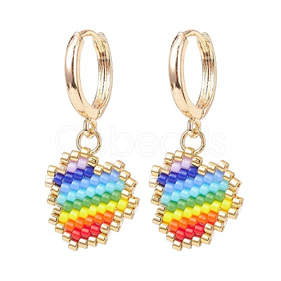 Rainbow Color Japanese Seed Braided Heart Dangle Hoop Earrings EJEW-MZ00004-1