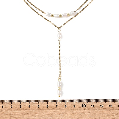 Natural Cultured Freshwater Pearl Two Sides Polished Y Tassel 304 Stainless Steel Double Layered Necklaces for Women NJEW-JN06359-1