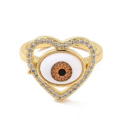 Cubic Zirconia Heart with Evil Eye Open Cuff Ring with Acrylic RJEW-B042-05G-03-1