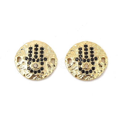 Brass Micro Pave Black Cubic Zirconia Disc with Hamsa Hand Connector Charms KK-P300-24G-02-1