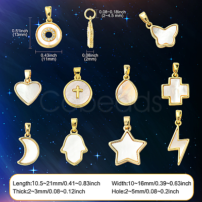 10Pcs 10 Styles Brass Pave Natural White Shell Pendants KK-CJ0002-56-1