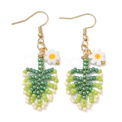 304 Stainless Steel Glass Seed Beads Leaf Dangle Earrings EJEW-MZ00558-1