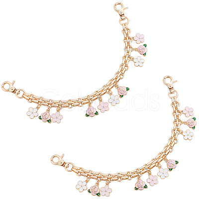 2Pcs Alloy Pink and White Enamel Flower Tassel Bag Decorative Chains AJEW-BBC0001-05-1