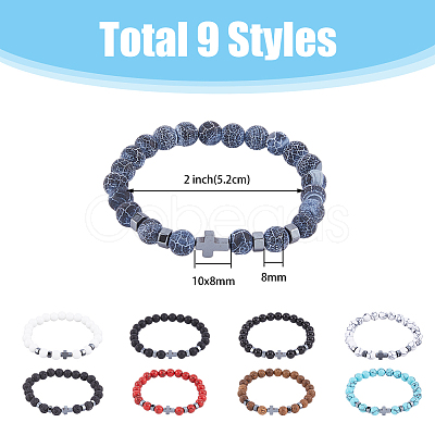 9Pcs 9 Style Natural & Synthetic Mixed Stone & Synthetic Hematite Cross Beaded Stretch Bracelets Set BJEW-FI0001-49-1