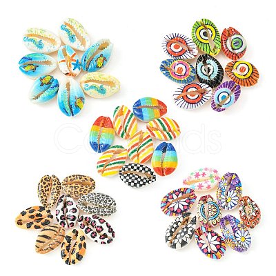 40Pcs 5 Styles Printed Natural Cowrie Shell Beads SHEL-FS0001-05-1