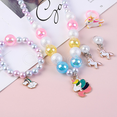 Cute Unicorn Alloy Plastic Children's Beaded Necklace & Bracelet & Cuff Ring & Clip-on Earring Jewelry Sets for Girl's FS-WGF4311-02-1