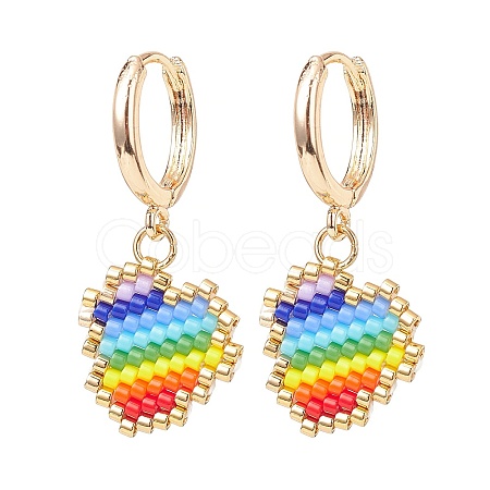 Rainbow Color Japanese Seed Braided Heart Dangle Hoop Earrings EJEW-MZ00004-1