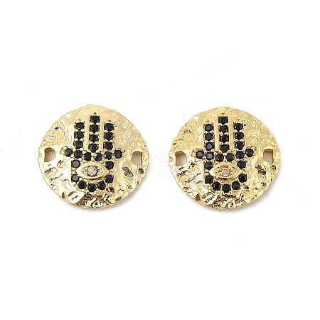 Brass Micro Pave Black Cubic Zirconia Disc with Hamsa Hand Connector Charms KK-P300-24G-02-1