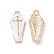 Alloy Enamel Pendants, Coffin with Cross Charm, Golden, White, 26x11.5x3mm, Hole: 1.8mm