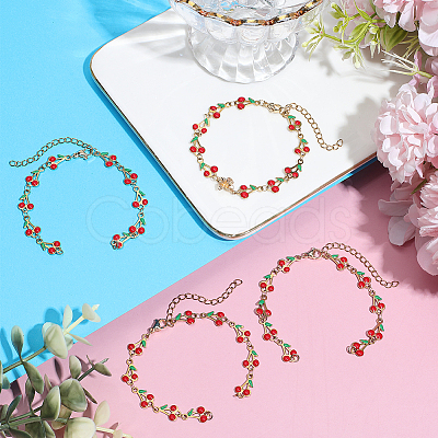 6Pcs 304 Stainless Steel Enamel Red Cherry Link Chain Bracelet Making AJEW-BM00004-1