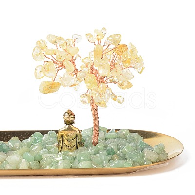 Natural Yellow Quartz Money Tree Buddha Sculpture Set Incense Burner & Natural Green Aventurine on Trays for Wealth DJEW-G027-19RG-07-1