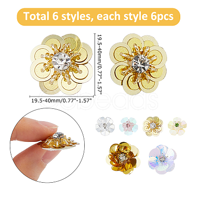 36Pcs 6 Styles PVC Sequins & Rhinestone Hread Iron on/Sew On Patches DIY-HS0002-46-1
