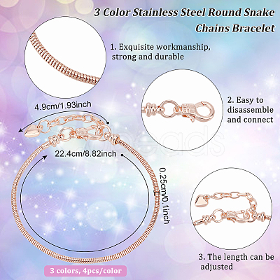 BENECREAT 12Pcs 3 Color Stainless Steel Round Snake Chains Bracelet for Men Women DIY-BC0009-44-1