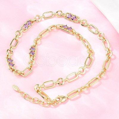 7MM Brass Pave Cubic Zirconia Figaro Chain Necklaces NJEW-D324-05G-02-1