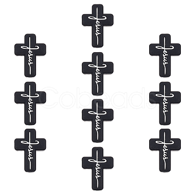 Olycraft 10Pcs Cross with Word Jesus Silicone Beads SIL-OC0001-21-1